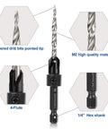 Heavy Duty Countersink Drill Bits Set Built Tough For Wood And Metal With Carbide Tips, featuring tapered pointed tip and 1/4" hex shank.