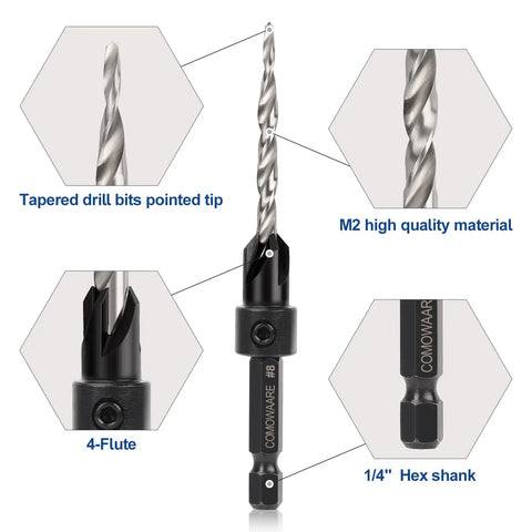 Heavy Duty Countersink Drill Bits Set Built Tough For Wood And Metal With Carbide Tips, featuring tapered pointed tip and 1/4" hex shank.