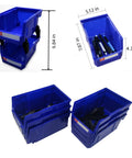 Blue Storage Organizer Bins 6 Pack For Workshop And Office Wall Mount And Stackable Tool Bins with dimensions and sample items