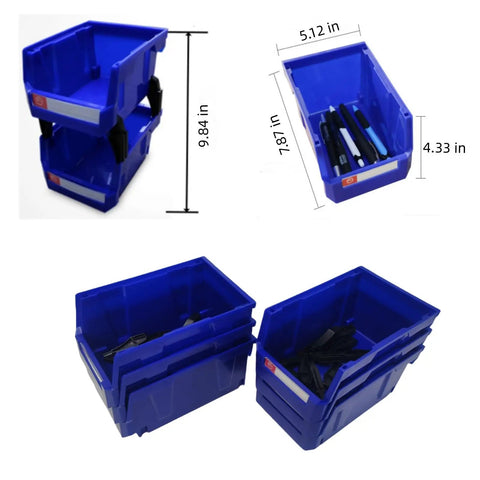 Blue Storage Organizer Bins 6 Pack For Workshop And Office Wall Mount And Stackable Tool Bins with dimensions and sample items