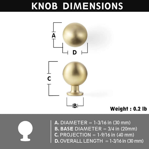 Dimensions of Soft Champagne Bronze Cabinet Knobs 12 Pack 1-3/16 Inch Round Zinc Alloy Hardware Single Hole Design.