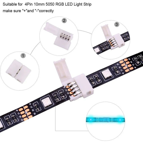 All In One Must Have Solderless RGB LED Strip Connector Kit with 4 Pin 5050 Connectors, showing L shape for 10mm strips.