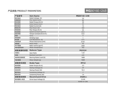 Technical specifications sheet for Servo Reduction Motor With Brake And Dual Encoder Planetary DC Permanent Magnet Motor MG8016E I24B B RS485