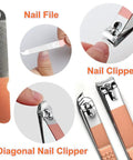 7 Piece Manicure Set With Stainless Steel Tools In Rose Gold Case showing nail clipper, file, and diagonal clipper.