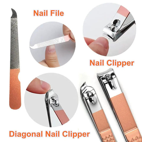 7 Piece Manicure Set With Stainless Steel Tools In Rose Gold Case showing nail clipper, file, and diagonal clipper.