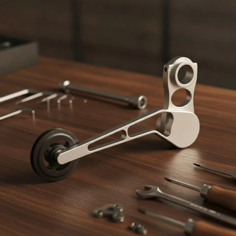 Rear Derailleur Chain Tensioner With 11T Pulley For Folding Bikes on a wooden table, showcasing aluminum build and pulley details.