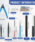 Product information showing 8 Piece Model Tools Kit For Hobbyists And Beginners with side pliers, tweezers, pen knife, and polishing bars.