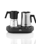 Dope All In One Turkish Coffee And Moka Pot With Milk Frother, Dual Brew Machine, chrome finish, front view, on white background.