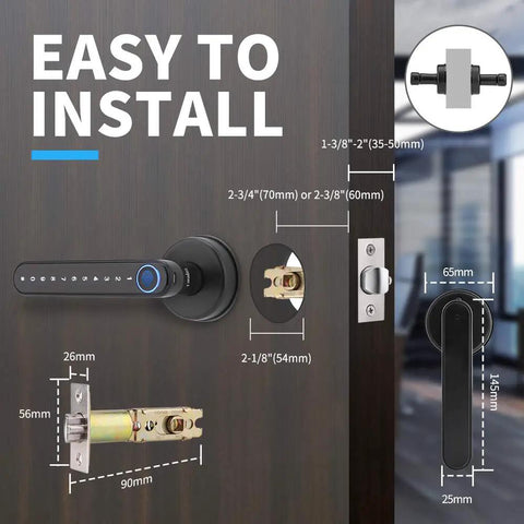 4 In 1 Fingerprint Smart Door Lock With Touchscreen Keypad And Bluetooth App Control dimensions and installation guide.