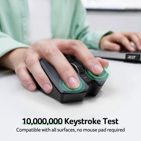 Wireless Mouse For Laptop And PC Desktop With 2.4GHz USB Receiver 6 Buttons And 1600 DPI Adjustable For Medium To Large Hands Cordless No Cable Needed Plug And Play, shown in use on desk surface, hand on mouse.