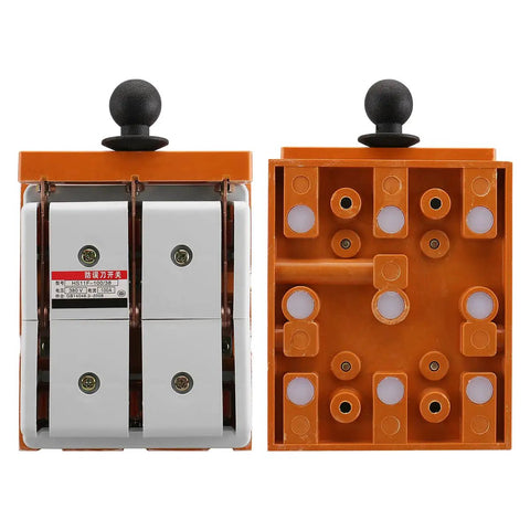 Heavy Duty 380V 100A 3 Pole Double Throw Electric Knife Switch featuring beefy copper contacts, shown from front and back view.