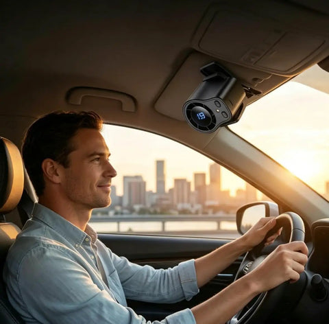 Man driving car with Clip On Car Vent Fan With LED Display, 360 Degree Rotation, 199 Speed Settings mounted on sun visor.