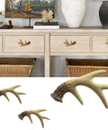 Antler Inspired Resin Cabinet Knobs Set Of 6 With Deer Horn Design on a wooden dresser, showing hand painted and sturdy deer horn pulls.