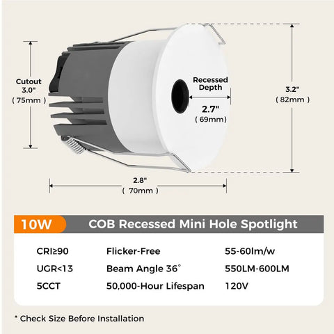 2-Pack 3 Inch 5CCT LED Pinhole Recessed Spotlight Lights with J-Box shown with dimensions and specifications.