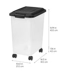 Two Pack Dog Food Storage Containers With Airtight Seal And Rolling Wheels Holds Up To 30 Lbs Each One Hand Open BPA Free Made In USA Clear And Black