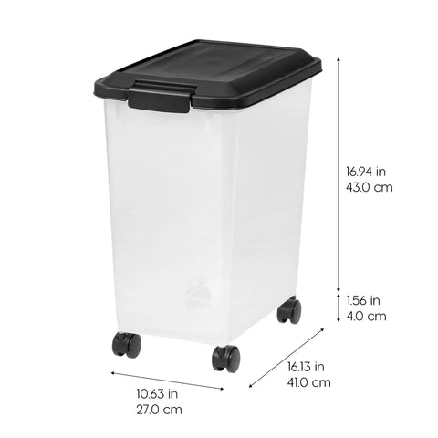 Two Pack Dog Food Storage Containers With Airtight Seal And Rolling Wheels Holds Up To 30 Lbs Each One Hand Open BPA Free Made In USA Clear And Black