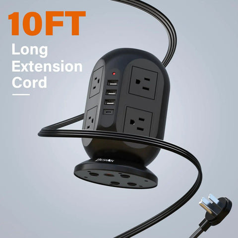 12 In 1 Tower Power Strip With 8 Outlets And 4 USB Ports, 10 Ft Extension Cord, 1050J Surge Protector, Smart IC Charging Station