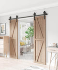 Installed Heavy Duty Sliding Barn Door Hardware Kit For Wood Doors Double Track With Big Spoke Wheel Rollers Black Powder Coated Steel