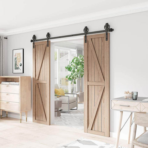 Installed Heavy Duty Sliding Barn Door Hardware Kit For Wood Doors Double Track With Big Spoke Wheel Rollers Black Powder Coated Steel