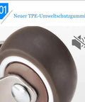Close-up of TPE rubber wheel from a set of 4 L shaped silent swivel casters with 360 degree rotation and floor protection.