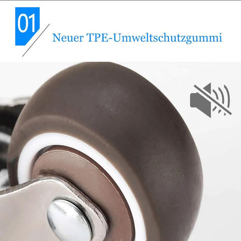 Close-up of TPE rubber wheel from a set of 4 L shaped silent swivel casters with 360 degree rotation and floor protection.