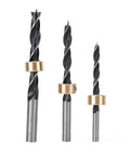 Adjustable Heavy Duty Aluminum Alloy Cabinet Door Mounting Jig With Built In Level Bubble And Non Slip Grip For Spot On Precise Installs and Worry Free Workshop Positioners, showing three drill bits with brass collars.