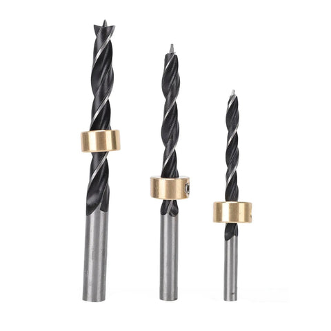 Adjustable Heavy Duty Aluminum Alloy Cabinet Door Mounting Jig With Built In Level Bubble And Non Slip Grip For Spot On Precise Installs and Worry Free Workshop Positioners, showing three drill bits with brass collars.