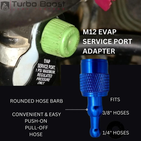 EVAP service port adapter kit, 3-piece set with green cap and blue knurled connector; fits 3/8 in and 1/4 in hoses