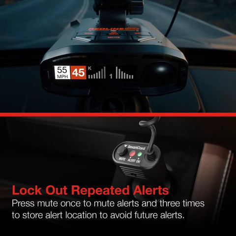 SmartCord Coiled Power Cable For Radar Detectors Compatible With Redline 360c shown installed in car, displaying alerts on detector.