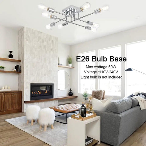 Living room with 8 Light Modern Semi Flush Mount Ceiling Light Mid Century Sputnik Style Chrome Finish Sleek Versatile Fixture