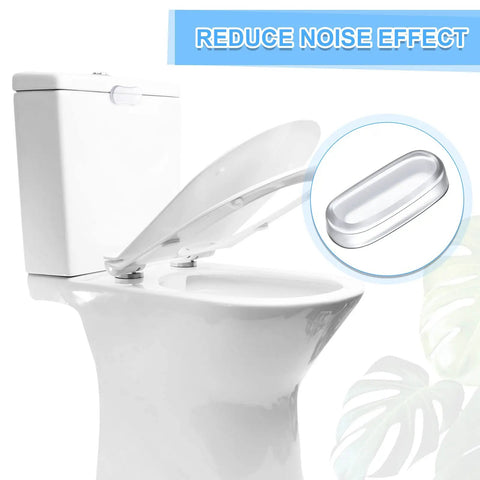 Toilet with lid open, inset showing Twenty Pack Toilet Seat Bumpers Replacement Kit With Universal Fit And Strong Adhesive