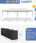 Diagram showing Party Ready Pop Up Canopy Tent 10x20 Feet with height options and carry bag dimensions labeled