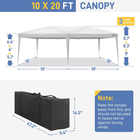Diagram showing Party Ready Pop Up Canopy Tent 10x20 Feet with height options and carry bag dimensions labeled