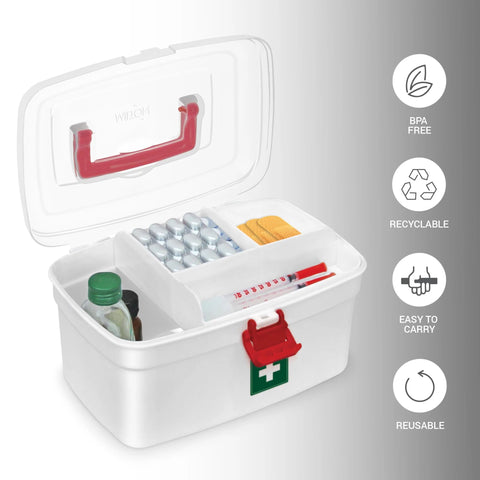 Milton white plastic first aid box with detachable tray, transparent lid and red latch (set of 2)