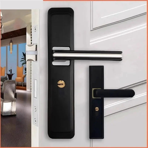 Black Aluminum Door Lock Set With Silent Handle For Bedroom And Bathroom Heavy Duty Aluminum Alloy Security Lock Hardware With Key Easy Install Lockset For Home Doors Built To Last And Totally Reliable, showing front view of black handle on a white door.