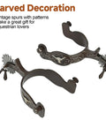 Western Cowboy Spurs For Men And Women Vintage Bronze Look Low Carbon Steel With Hand Carved Details 75 To 78 Mm Size Options