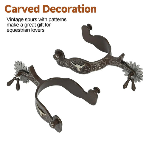 Western Cowboy Spurs For Men And Women Vintage Bronze Look Low Carbon Steel With Hand Carved Details 75 To 78 Mm Size Options
