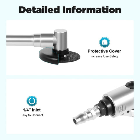 Close-up of protective cover and 1/4" inlet on 12.2 Inch Extended Reach Pneumatic Angle Grinder with 90 PSI Air Power and 25000 RPM.