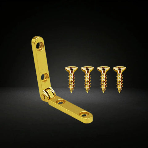 90 Degree Small Chest Hinges With Easy Install For Wooden Boxes And Cabinetry Durable Metal Hardware No Fuss Setup Ideal For Jewelry Boxes Cabinets Drawers And DIY Wood Projects shown with gold screws on dark background.