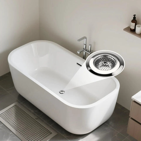 No Fuss Solid Stainless Steel Bathtub Drain Strainer And Hair Catcher Filter Basket For Bathroom Sink Drain Plug in a modern tub.
