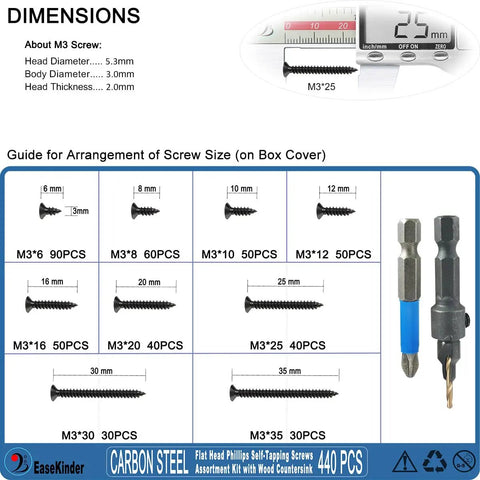 Dimension guide for 440 Piece Black Carbon Steel Self Tapping Wood Screws Assortment Kit Featuring Flat Head Phillips Drive.