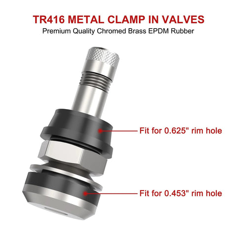 Side view of TR416 metal clamp-in tire valve stem, outer-mount, silver, fits 0.453in and 0.625in rim holes