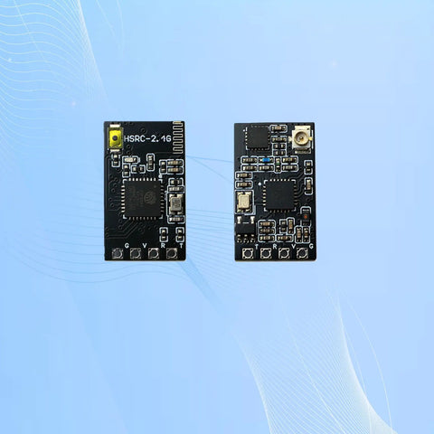 Close-up of a Nano 2.4GHz FPV Receiver with 40mm UFL Antenna, showing circuit board details for micro drones and racing quadcopters.