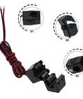 Robust Miniature Split Core Current Sensor Clamp Transformer With Rock Solid Half Percent Accuracy For No Sweat EV Charging Stations And Power Grid Monitoring Featuring Sweet Low Resistance Coil Design showing black clamp with red and black wires.