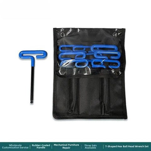 Heavy Duty T Handle Hex Key Set With Non Slip Rubber Grip For Tight Spots Includes Size 10mm Ball End Wrenches Essential Tool Kit For Cars And Mechanical Repair Jobs That Need A Durable Wrench To Get The Job Done Right., nine-piece blue T-handle hex key set in storage pouch