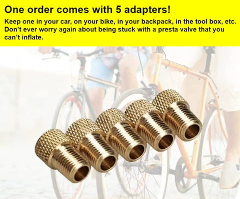 Brass Presta To Schrader Valve Adapter Set For Bikes, 5 Pack, shown with bikes in the background for context