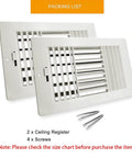 2 Pack Air Vent Cover Ceiling Register 3 Way Plastic Vent Covers with Manual Adjuster for Home Office Bathroom Toilet Sidewall and Ceiling Inlet Fits 10 by 6 Inch Duct Opening Easy Install and Adjustable Airflow shown with screws.