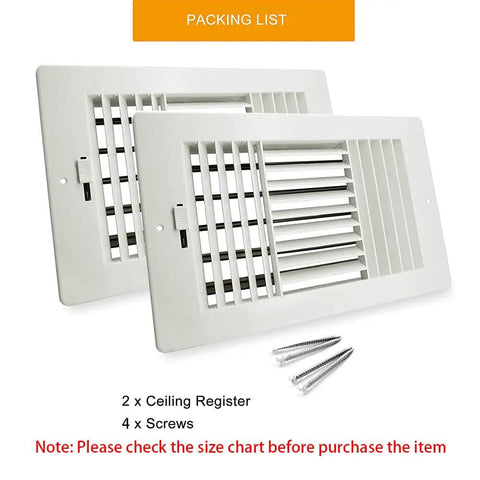 2 Pack Air Vent Cover Ceiling Register 3 Way Plastic Vent Covers with Manual Adjuster for Home Office Bathroom Toilet Sidewall and Ceiling Inlet Fits 10 by 6 Inch Duct Opening Easy Install and Adjustable Airflow shown with screws.