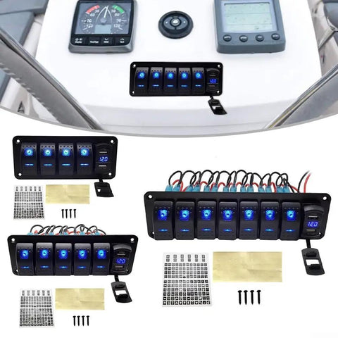 Heavy Duty Waterproof Rocker Switch Panel 5 6 8 Gang With LED Lights And Voltmeter for marine vehicles, boats, and RVs