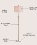 65-Inch Brass Gold And White Marble Adjustable LED Floor Lamp With White Linen Shade For Living Room And Bedroom Bold Modern Glam Standing Light Bulb Included, featuring a rotary switch and labeled parts.